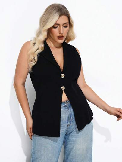 Maija 大码针织毛衣，缺口领，纯黑色，都市百搭修身新款针织上衣，浪漫、时尚、百搭；舒适、时尚、优雅、休闲、简约日常穿着、必备、纯色、假日休闲、得体、单身女士、优雅时尚商务休闲女士秋冬外出上衣