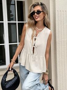 Serisse Women's  Bridgerton Sleeveless Shirt, Simple Vacation Lace Up Short Top, Summer Blouse For Women, Front Lace Up, Lace Up Blouse, Short Sleeve Blouse, Cute Summer Blouse  Wear Women's Solid Color Strap Sleeveless Vacation & Leisure Shirt Earthy Clothes