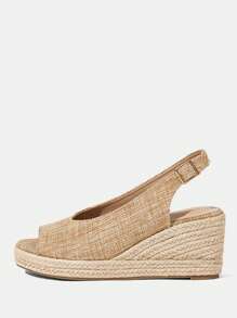 女士坡跟厚底编织凉鞋，波西米亚风格度假装，厚底鞋 - 杏色 - 查看 2