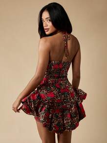 MISSGUIDED Vestido mini con estampado de leopardo y rosa, cuello halter, volantes en el bajo, para fiestas, clubes, baile, verano, primavera, festivales, fluido y fruncido - Multicolor - Ver 2