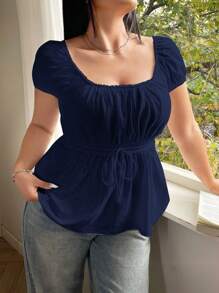 Solflare Plus Size Navy Blue Hollow Out Semi-Sheer T-Shirt, Summer,Back To School , Square Neck Top - Navy Blue - View 4