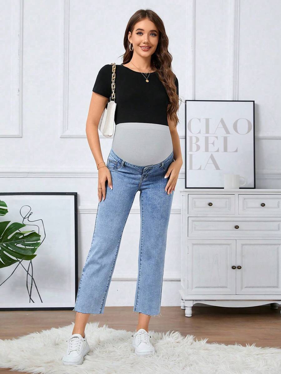 SHEIN Maternity High-Waisted Frayed Hem Casual 3/4 Jeans - Medium Wash - View 1