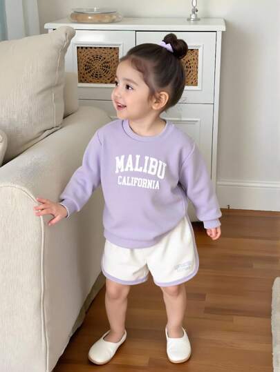 SHEIN 2 件女婴幼儿/新生儿 0-3 岁春夏休闲日常美式休闲口号雾霾蓝色长袖连帽衫 + 运动短裤套装