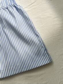 Elamini 2 件女式条纹印花无袖领绣花衬衫和松紧腰休闲短裤套装，春夏 - 藍白色 - 查看 8