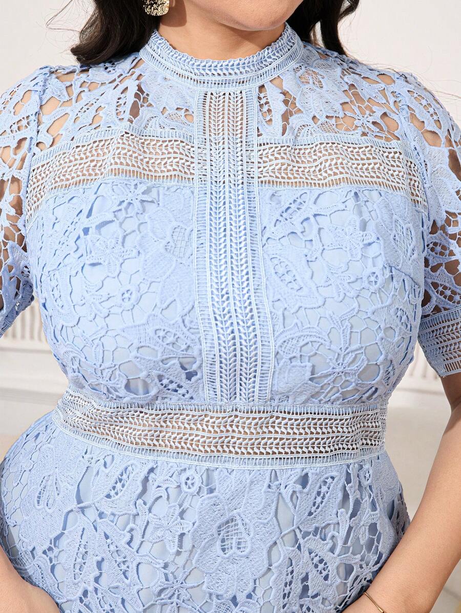 SHEIN Clasi Plus Size Women Elegant Lace Patchwork Baby Blue Summer Dress,Commuter Graduation Royal Blue Dresses,Light Blue Wedding Guest Dress For Women - Blue - View 1