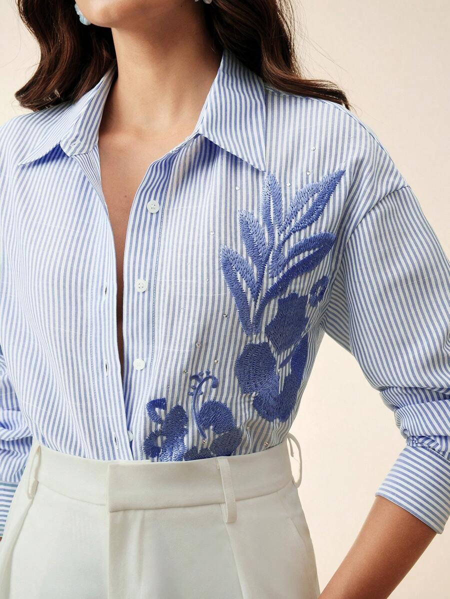 Anewsta 宽松女式衬衫，蓝白条纹串珠装饰，度假风设计 - 藍白色 - 查看 1