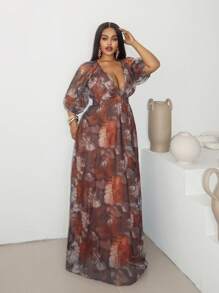 Maweii Summer Plus Size Elegant Fitted Mesh Printed Dress