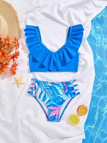 Young Girl Tropical Rainforest Leaf & Flamingo Print Ruffle Trim Bikini Set, Family Matching Outfits Mommy And Me (4 Sets Sold Separately) - Multicolor - View 3