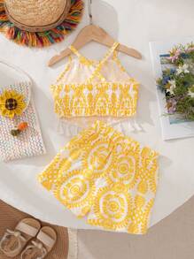 SHEIN Sparklyn Young Girls Summer Fashion Fringe Decor Sleeveless Crop Top And Loose Vintage Print Shorts 2pcs Set Summer Holiday