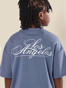 SUMWON Youth Los Angeles Script Oversized T-Shirt Streetwear Urban Summer Fashion Graphic Design Casual Comfort Classic West Coast Style - Blue - View 4