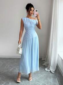 Modelyn 女式提花拼接雪纺不对称肩部夏季连衣裙 - 藍色 - 查看 7