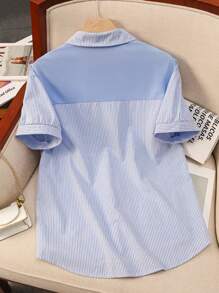 Franclia Capa de punto suelta informal a rayas azules y blancas, blusa informal de manga blanca al estilo francés, primavera/verano - Azul - Ver 2