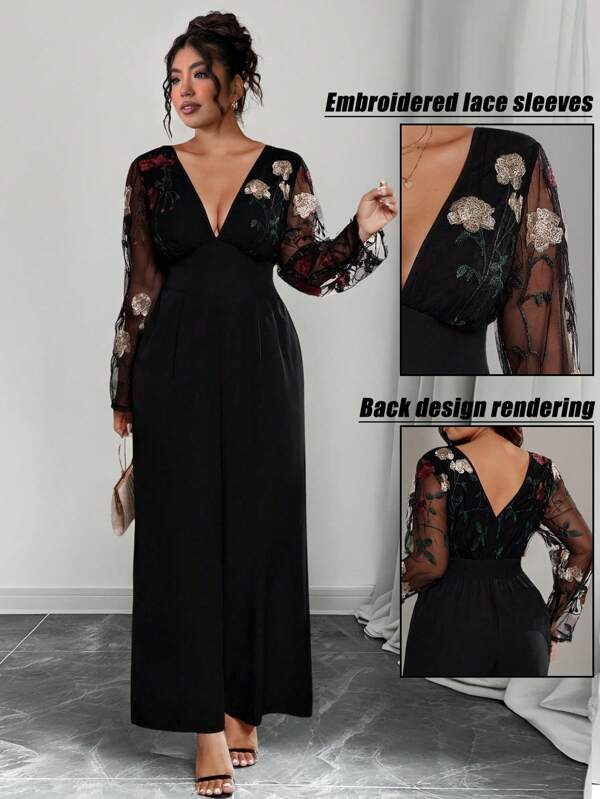Bellastra Plus Size Women French Elegant Embroidered Patchwork Jumpsuit