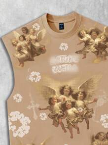 ROMWE MEN Street Life 2pcs/Set Men's Street Y2K Cartoon Angels Print Tank Top Set - Khaki - View 3