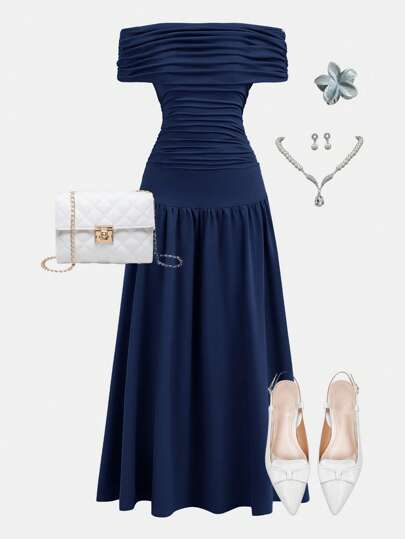 SHEIN Girlism Elegant Navy Blue Long Striped A-Line Teen Dress With Short Sleeves For Everyday Casual Navy Blue Formal Dress Blue Elegant Dress Dress For Wedding Guest Off The Shoulder Dress Classy Evening Wear