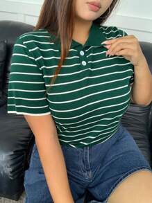 Dazy Plus Top de punto de manga corta con cuello de polo a rayas, suelto, para verano