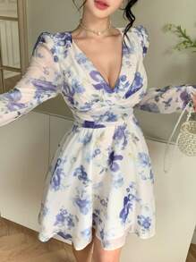 DAZY Robe courte d'été à manches longues col V avec motif floral tout-sur-tout, style vacances pour femmes