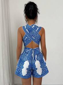 Elenzga Women's All-Over Print Halter Backless Criss-Cross Romper - Multicolor - View 2