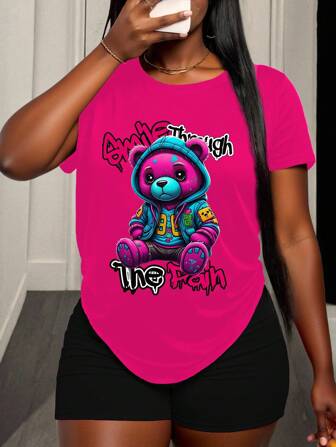 BamGleam 女士修身休闲短袖 T 恤，“把柠檬变成柠檬水”熊印花图案 T 恤女士上衣