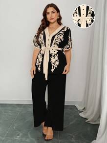 Rometta Bộ 2 món áo thun cổ chữ V thắt nơ eo đi nghỉ mát thường ngày và quần short, mùa hè - màu đen - Xem 11