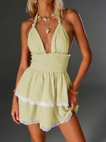 SHEIN Unity Women's Vacation Drawstring Waist Sexy Mini Halter Dress - Light Yellow - View 5