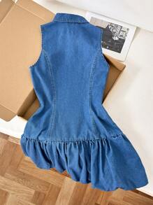Comfortcana 女式夏季马球领无袖荷叶边下摆休闲牛仔连衣裙 - 中等水洗藍 - 查看 2