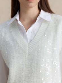 Briarwyn 女式闪光针织上衣，夏季时尚，秋季女装，返校服装，复古服装，女士办公室服装，全白闪光亮片 - 米色 - 查看 7