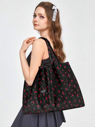 Kawaii 1 pieza Bolsa de tela plegable de gran capacidad con estampado de cerezas por toda la superficie, bolsa de compras portátil con monedero