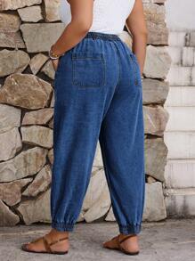 EMERY ROSE 加大码纯色口袋抽绳腰锥形时尚牛仔裤 - 深色水洗藍 - 查看 2