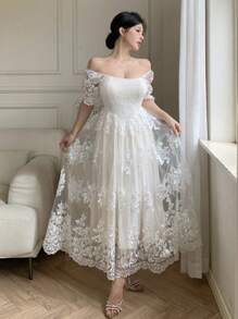 DAZY Đầm midi nữ thanh lịch phối ren, cổ vuông, tay phồng, thích hợp cho các dịp trang trọng, mùa hè. - trắng - Xem 5