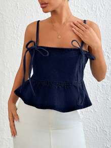 SHEIN Cottnline ملابس علوية كاميسول جينز مصبوغ بالغسيل مع ربطة للنساء، صيفي - أزرق داكن - مشاهدة 4