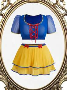 SHEIN 大码圆领泡泡袖撞色饰边蝴蝶结上衣和迷你裙三件套内衣套装 - 彩色 - 查看 6