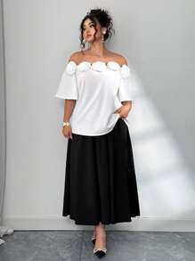 Elenzga Plus Size Women's Elegant Off-Shoulder Blouse, Floral 3D Decor Color Block Skirt 2 Pieces Set - Black and White - View 3