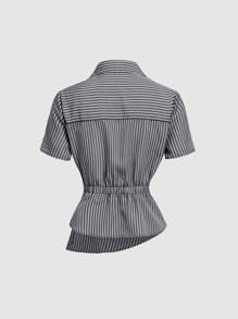 SHEIN MOD Collar Short Sleeve Ruched Asymmetrical Hem Striped Office Shirt - Black - View 2
