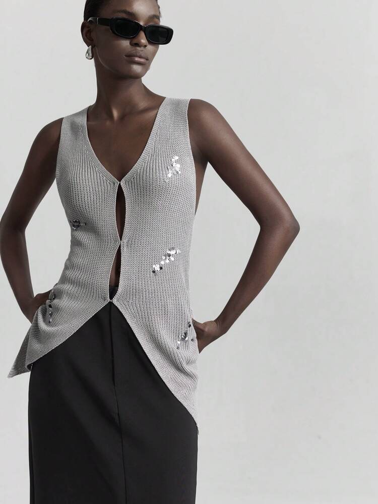 2025 New Sleeveless Knit Top For Women, Patchwork Sequin Hollow-Out Design, Everyday Wear