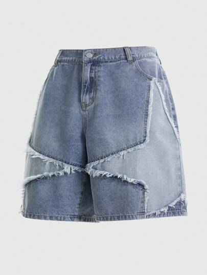 Street Life Plus Size Women Casual Washed Two-Tone Star Pattern Frayed Hem Denim Shorts