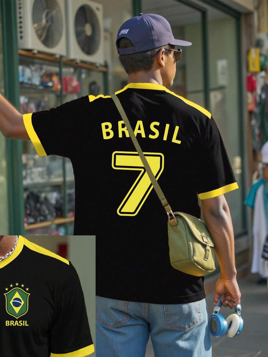 Manfinity Dauomo Brazil 7 Letter & Number Print Short Sleeve Casual T-Shirt For Men - Black - View 1