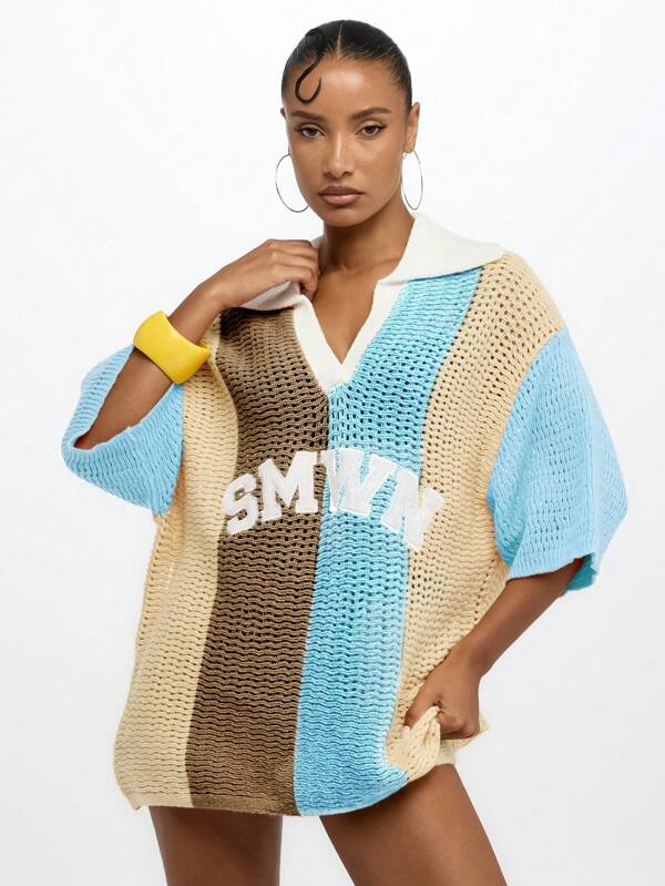 SUMWON WOMEN Pulover croșetat cu dungi, supradimensionat, model polo, lung, tricotat, vară și toamnă, stil tranziție, ținute casual