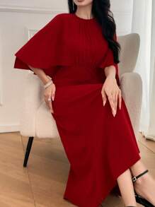 DAZY 女士酒红色连衣裙，腰部收紧，斗篷式设计，夏季红色女士连衣裙，圣诞节 - 紅色 - 查看 2