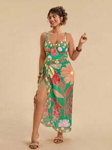 Travachic 大码假日休闲热带花卉印花细肩带泳衣 + 蝴蝶结腰带长款罩衫泳装 2 件套女式 - 綠色 - 查看 1
