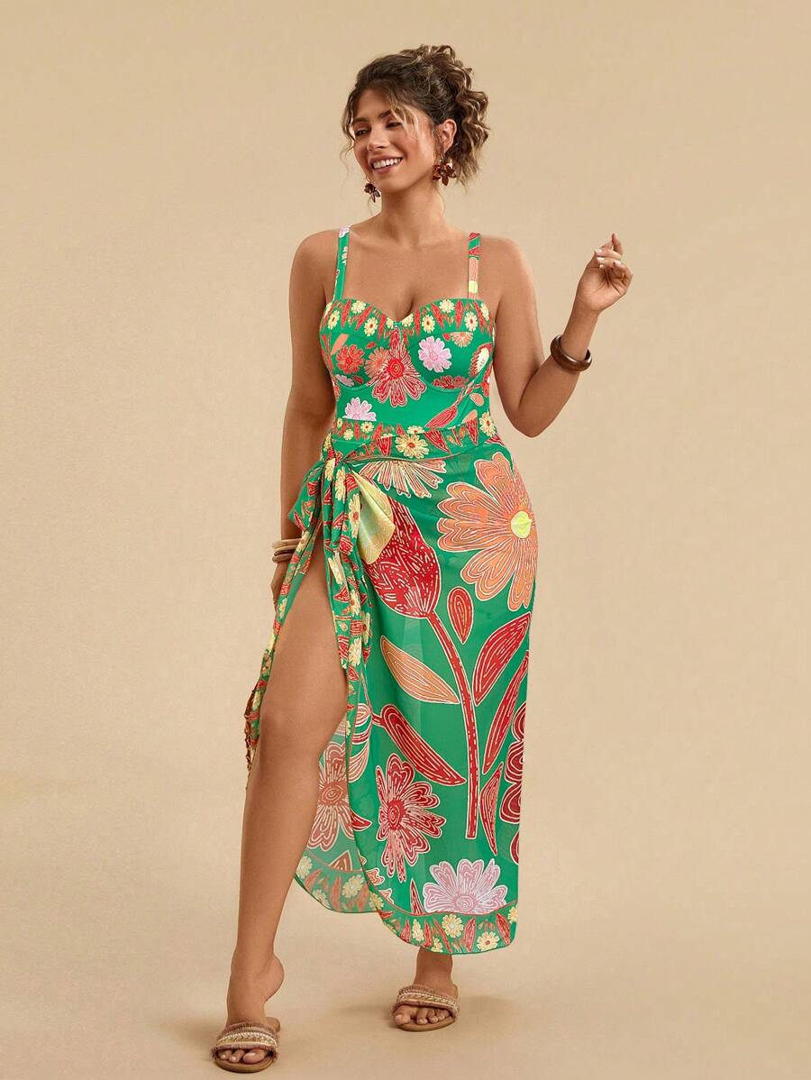 Travachic 大码假日休闲热带花卉印花细肩带泳衣 + 蝴蝶结腰带长款罩衫泳装 2 件套女式 - 綠色 - 查看 1