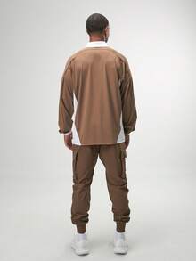 ARC Activewear 男式超大长袖 T 恤高性能上衣健身房运动服 Polo 衫，秋季 - 卡其色 - 查看 2