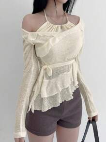 DAZY Áo thun nữ tay dài thiết kế bo gấu xếp nếp, dây đeo vai cho nữ - Màu be - Xem 6