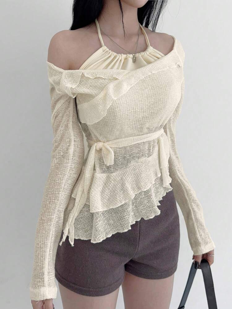 Women Strap Patchwork Ruffle Hem Design Fitted Blouse T-Shirt Long Sleeve Women Tops