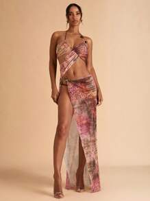 SHEIN BAE Robe de cache-maillot sexy à encolure montante avec décoration d'anneau en métal ajouré et imprimé intégral pour femmes - Tabac - Voir 3