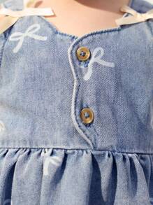 Cozy Pixies Baby Girl Bow Decor Tie Waist Denim Jumper Dress - Blue - View 4