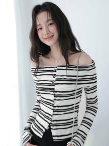 K-Vae 女装夏季黑白夏季薄款上衣毕业T恤休闲紧身弹力长袖单肩上衣 - 黑與白 - 查看 1