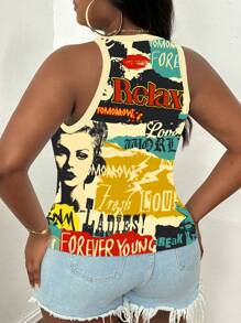 Slaydiva 大码女式休闲基本款修身复古节日海报图案露肩吊带背心女式图案背心女式图案T恤女式背心夏季女式外出服装 - 彩色 - 查看 2
