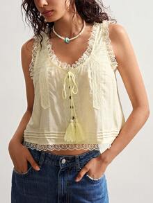 Bohemela 平纹梭织撞色蕾丝边短款宽松女式背心 - 芥末黃 - 查看 2