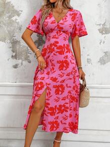 SHEIN PETITE 女士优雅法式休闲度假音乐节腰带 V 领短袖 A 字中长连衣裙，带纽扣装饰 - 彩色 - 查看 7